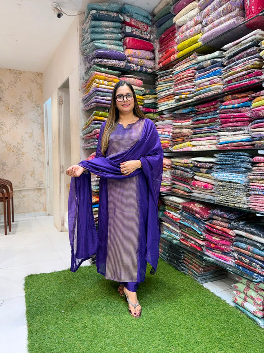 Pure Banaras Mull Chanderi Purple 3pc Set