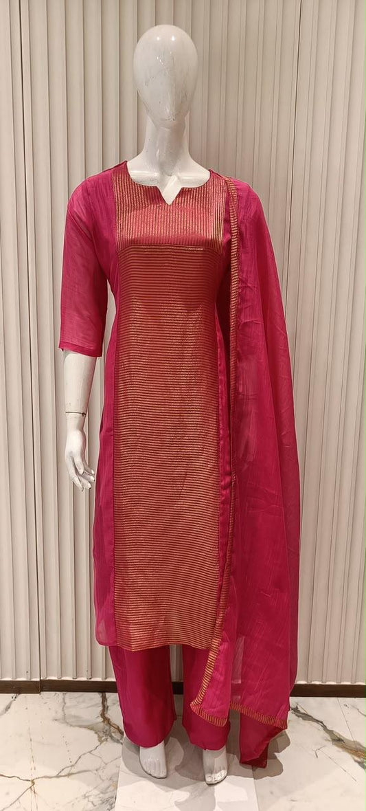 Pure Banaras Mull Chanderi Pink 3pc Set