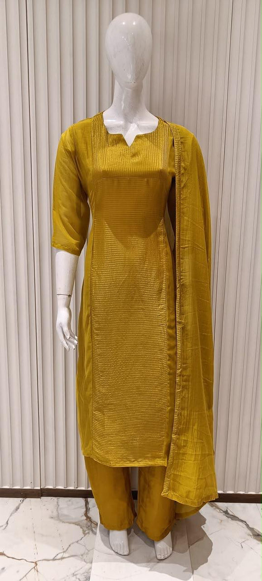 Pure Banaras Mull Chanderi Yellow 3pc Set