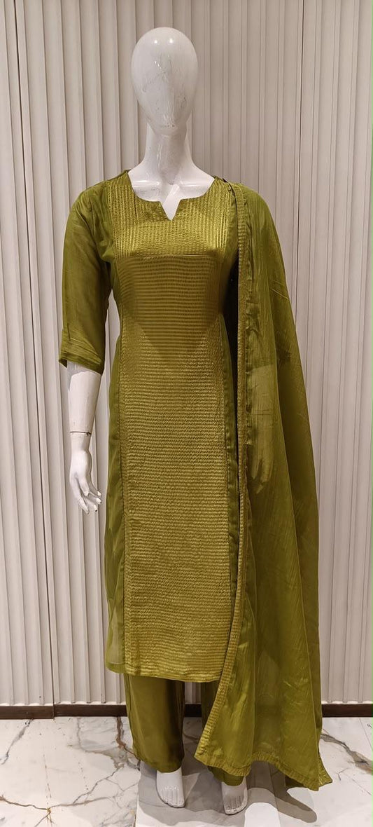Pure Banaras Mull Chanderi Green 3pc Set