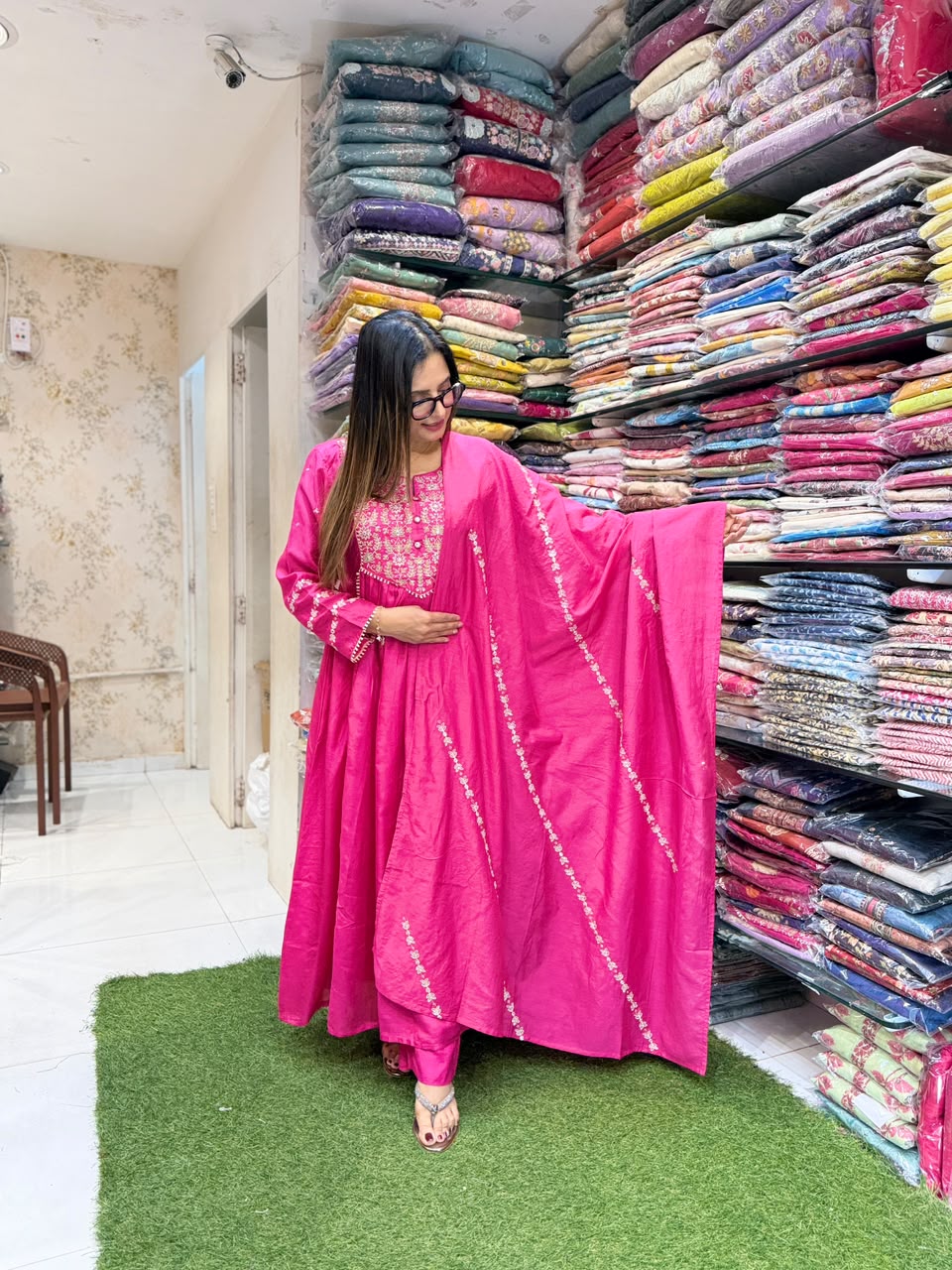 Pure Banaras Mull Chanderi Rani Pink Anarkali 3pc Set