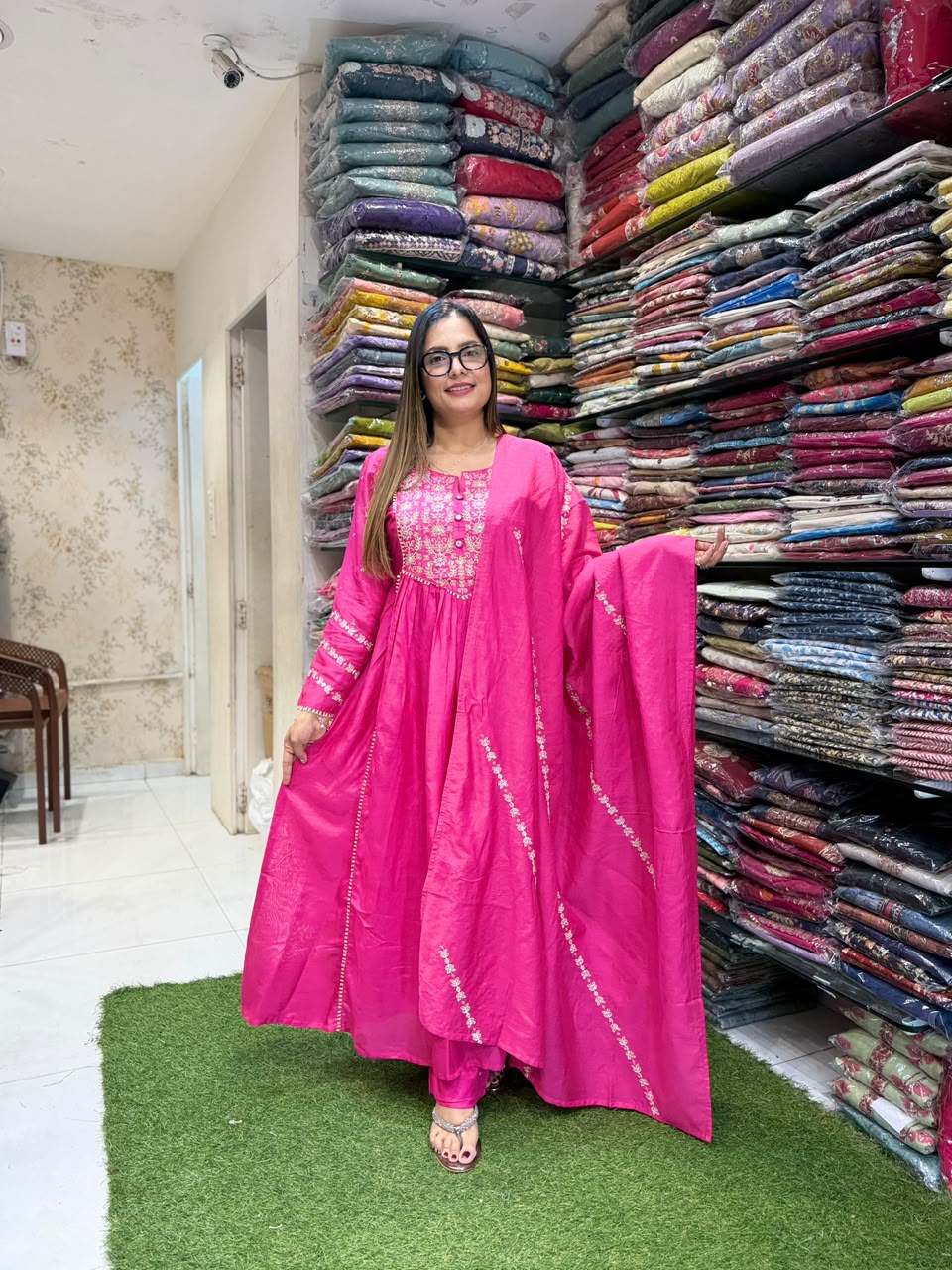 Pure Banaras Mull Chanderi Rani Pink Anarkali 3pc Set