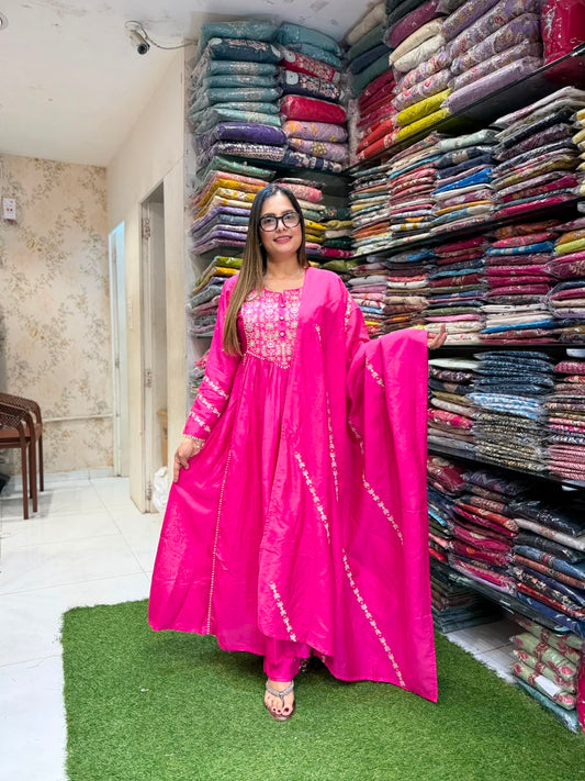 Pure Banaras Mull Chanderi Rani Pink Anarkali 3pc Set