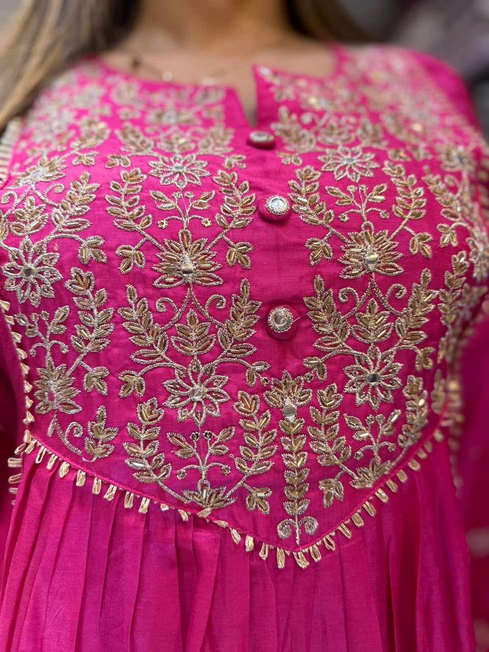Pure Banaras Mull Chanderi Rani Pink Anarkali 3pc Set