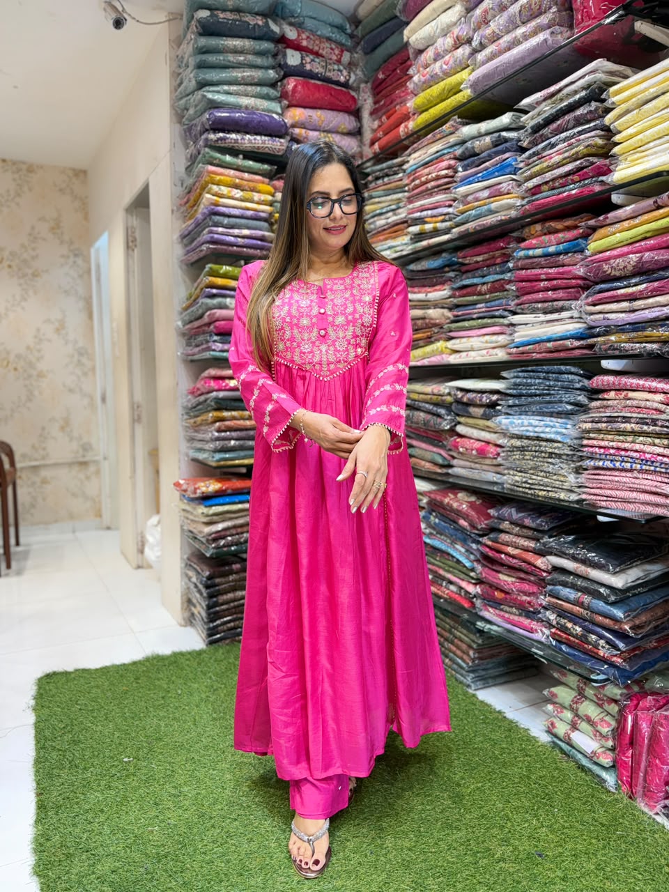 Pure Banaras Mull Chanderi Rani Pink Anarkali 3pc Set