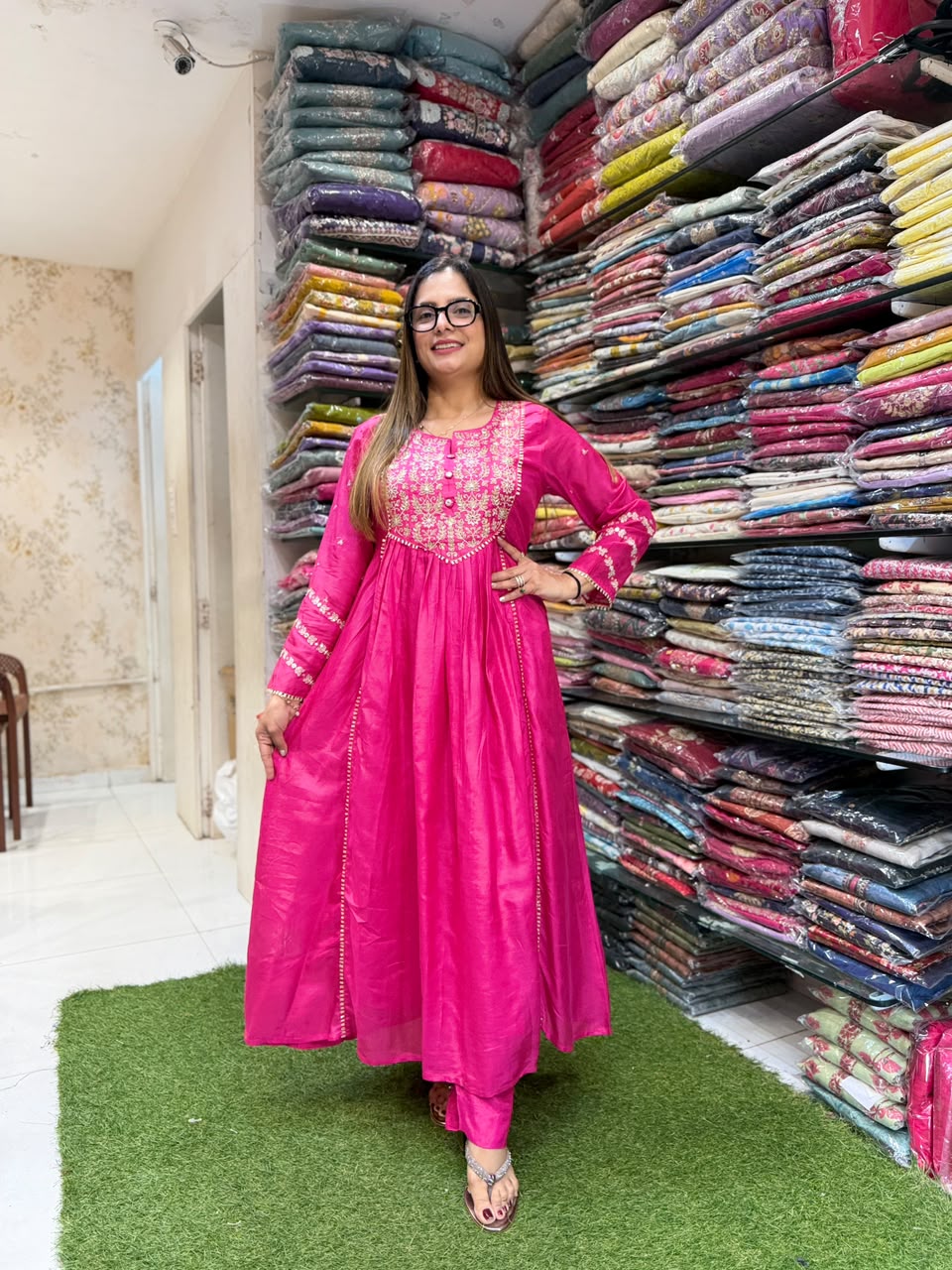 Pure Banaras Mull Chanderi Rani Pink Anarkali 3pc Set
