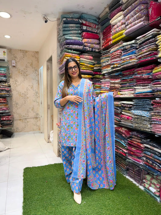 Pure Cotton Farsi Salwar Blue 3pc Set