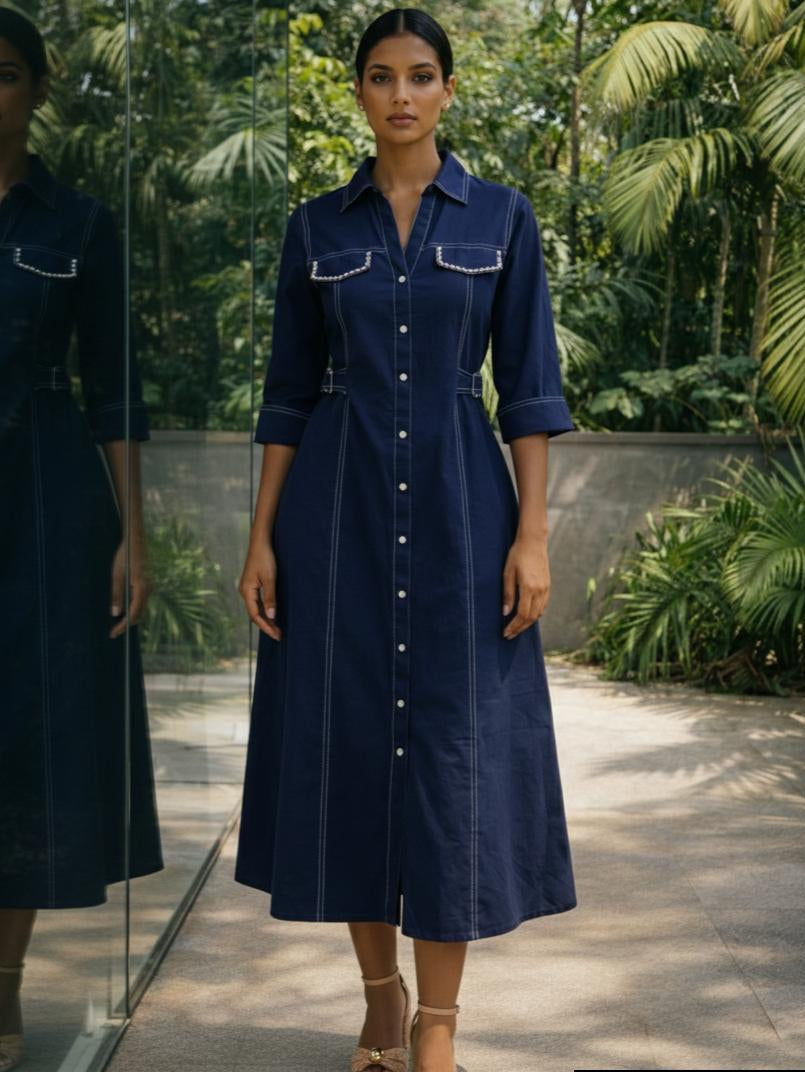 Pure Linen Cotton Blue Midi