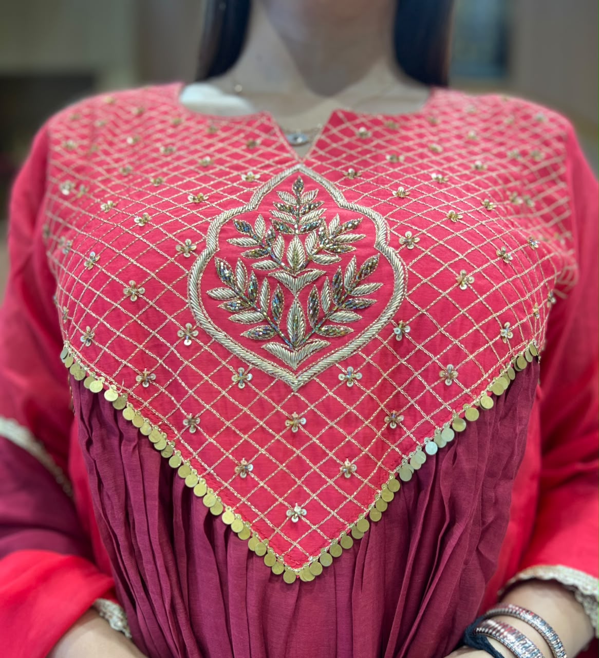 Pure Banaras Mull Chanderi Maroon 3pc Set