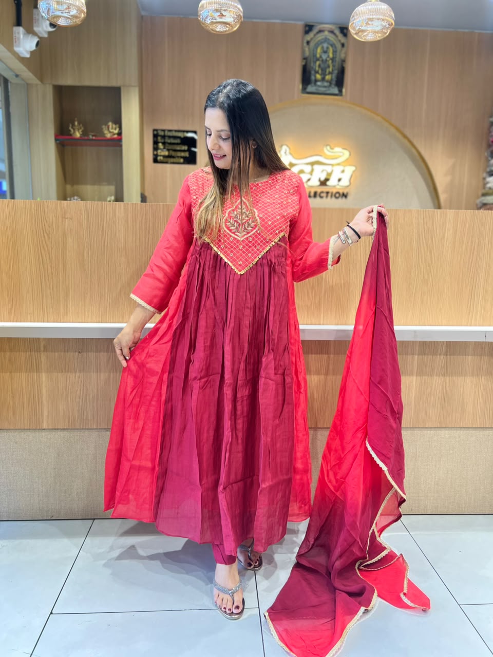 Pure Banaras Mull Chanderi Maroon 3pc Set