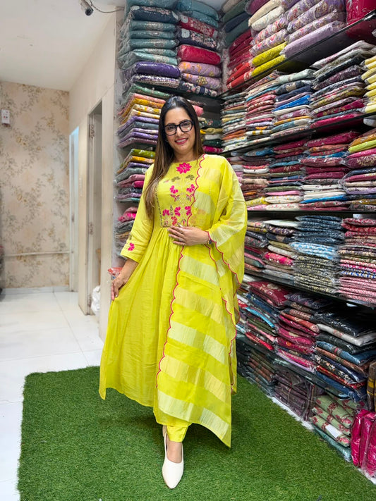 Pure Banaras Mull Chanderi Elitchi Green 3pc Set
