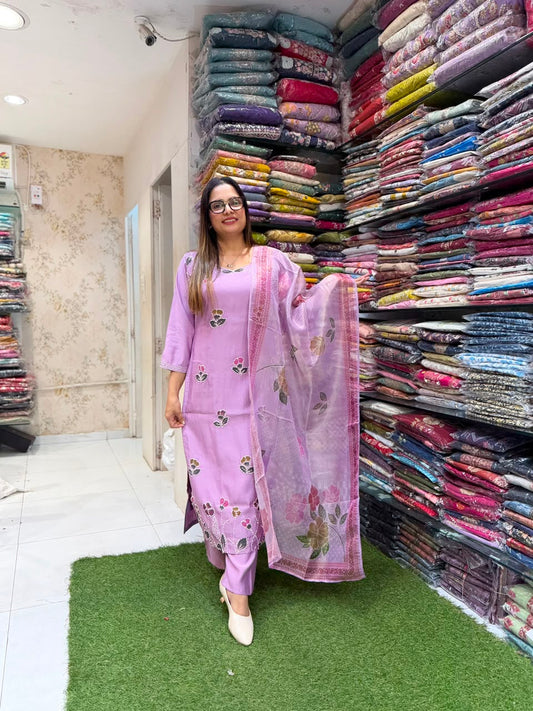 Pure Surat Mull Chanderi Purple 3pc Set