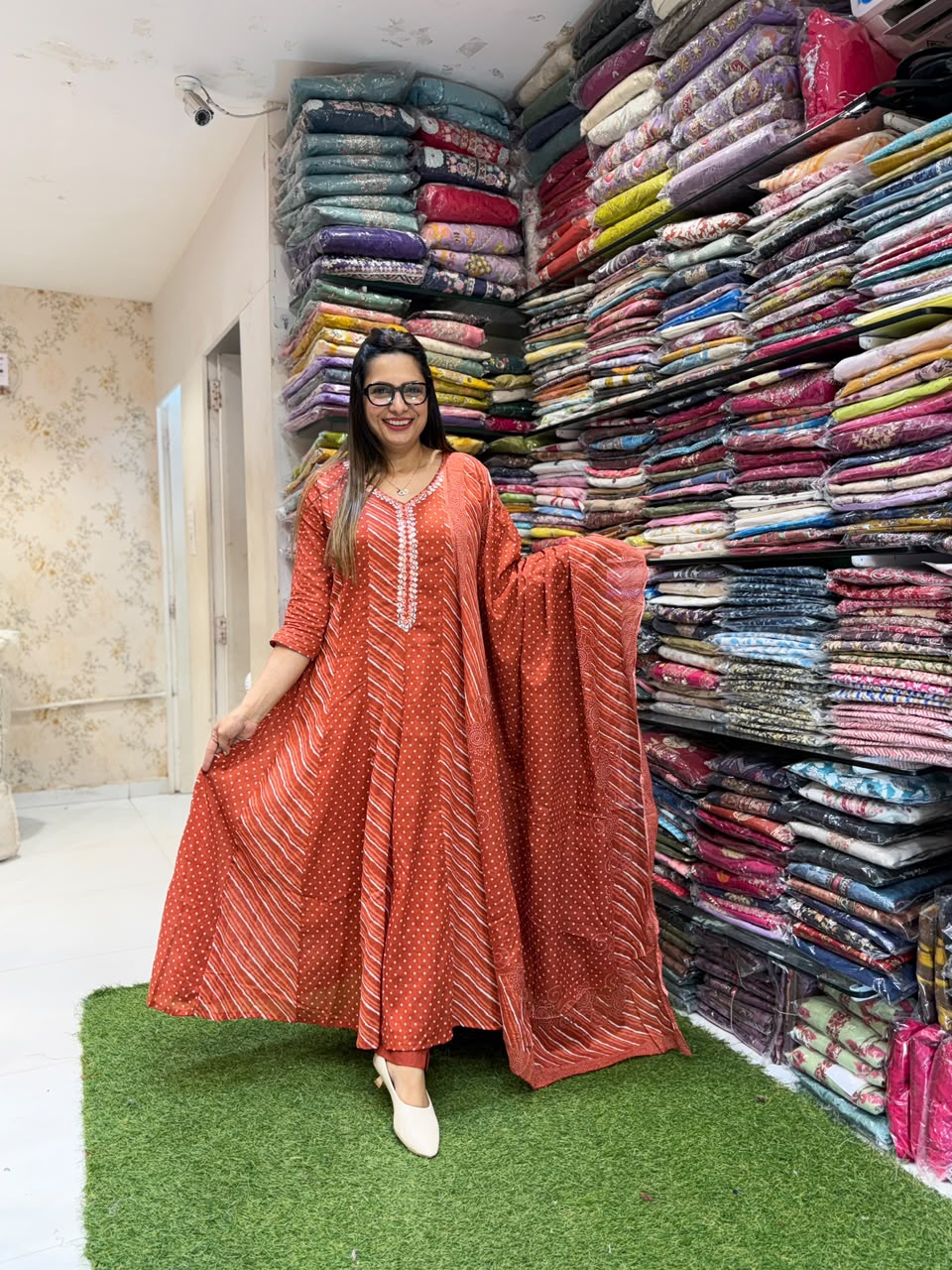 Pure Mull Cotton Rust Orange Shoulder Anarkali 3pc Set