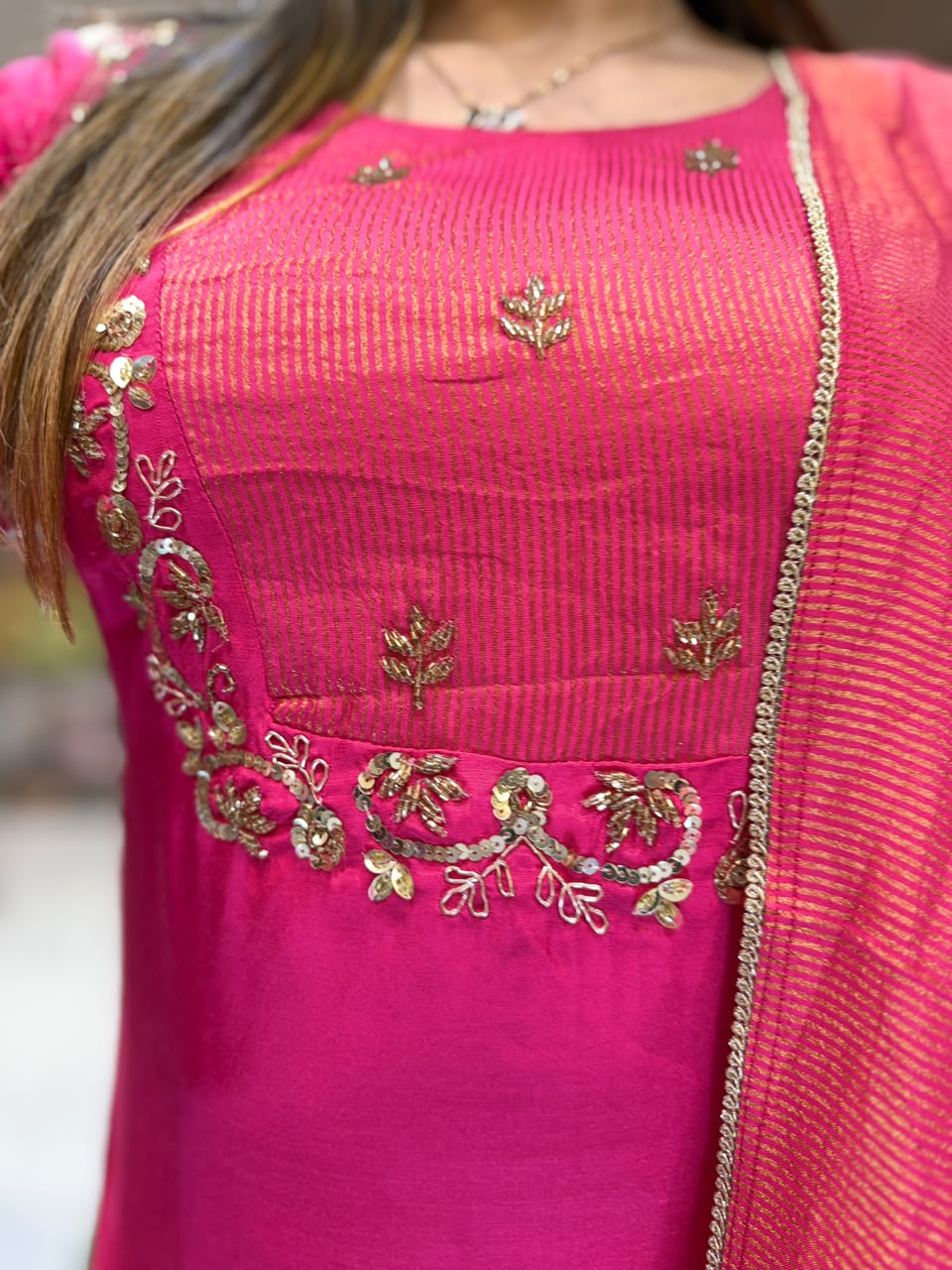 Pure Muslin Gaji Rani Pink 3pc Set