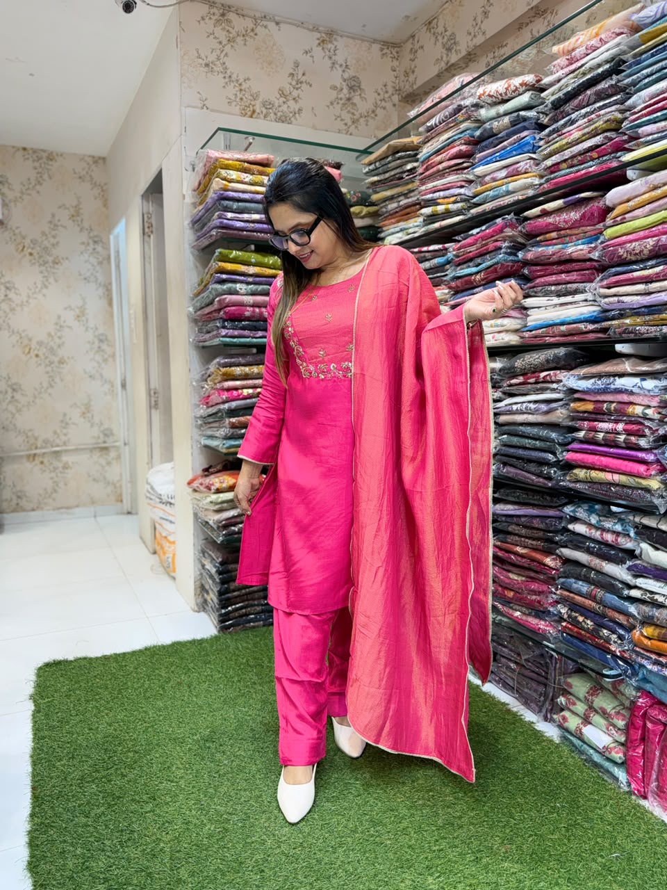 Pure Muslin Gaji Rani Pink 3pc Set