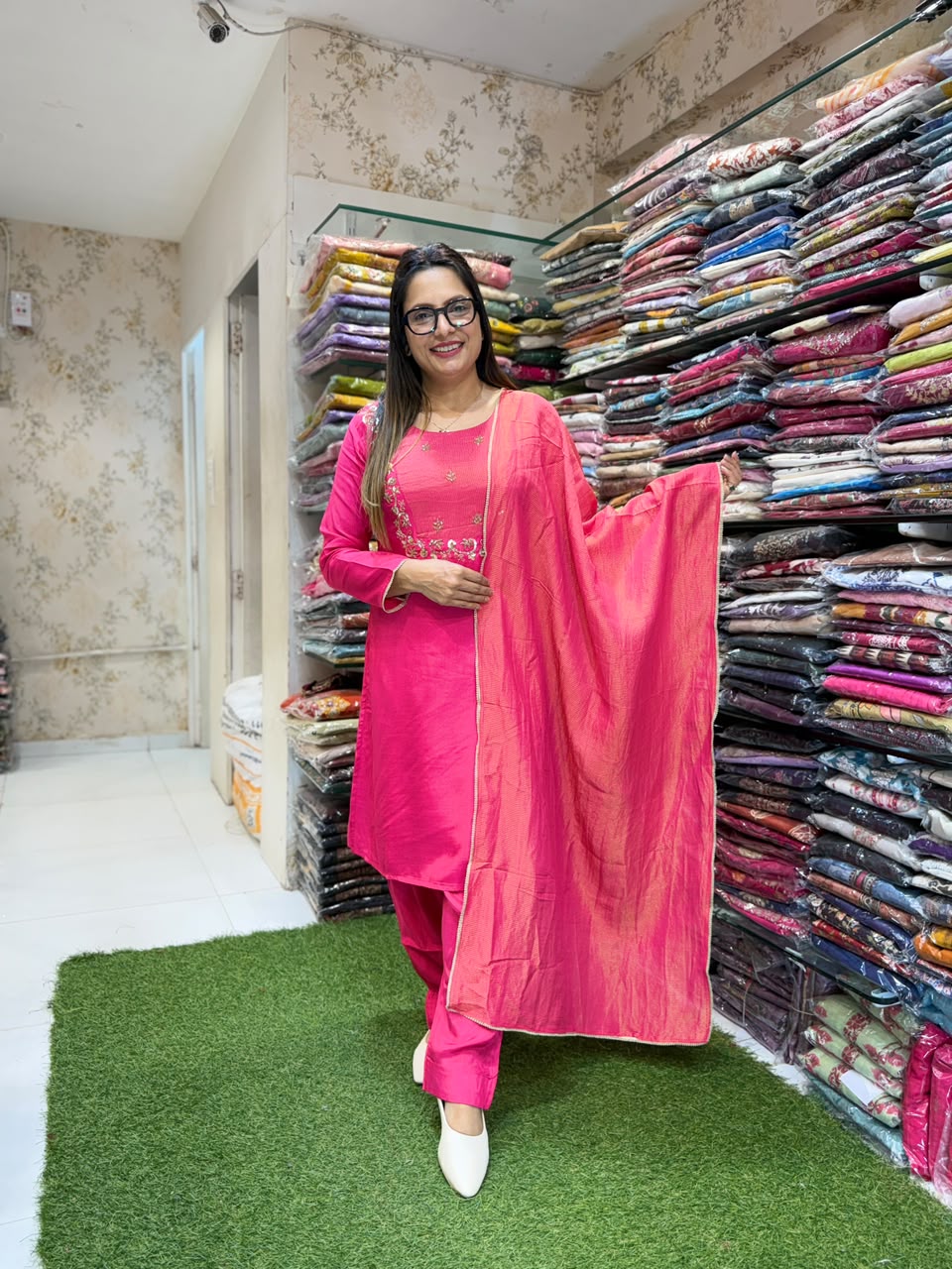 Pure Muslin Gaji Rani Pink 3pc Set