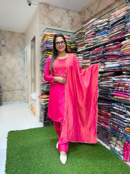 Pure Muslin Gaji Rani Pink 3pc Set