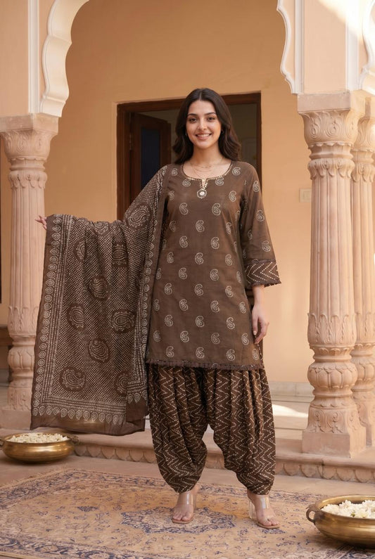 Pure Cotton Farsi Salwar Brown 3pc Set