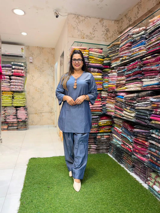 Pure Denim Cotton Grayish Blue Farsi Salwar 2pc Set