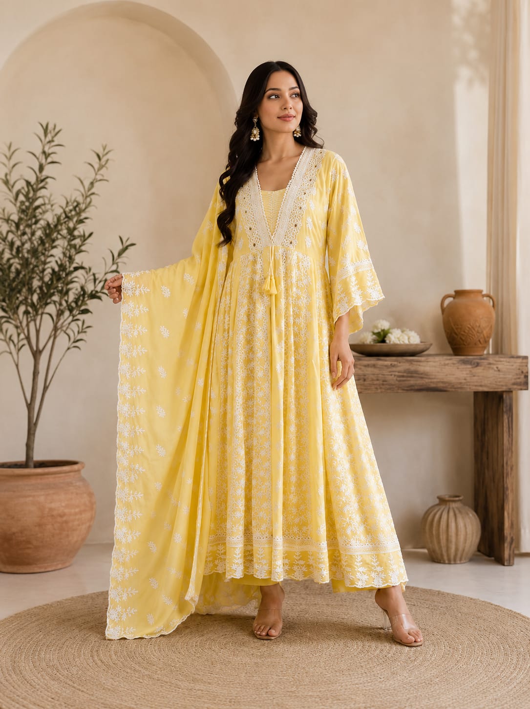 Pure Mull Cotton Yellow Shoulder Anarkali 3pc Set