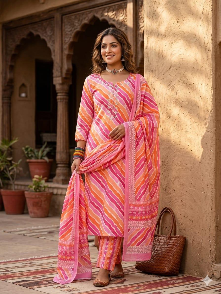 Pure Cotton Pink And Orange 3pc Set
