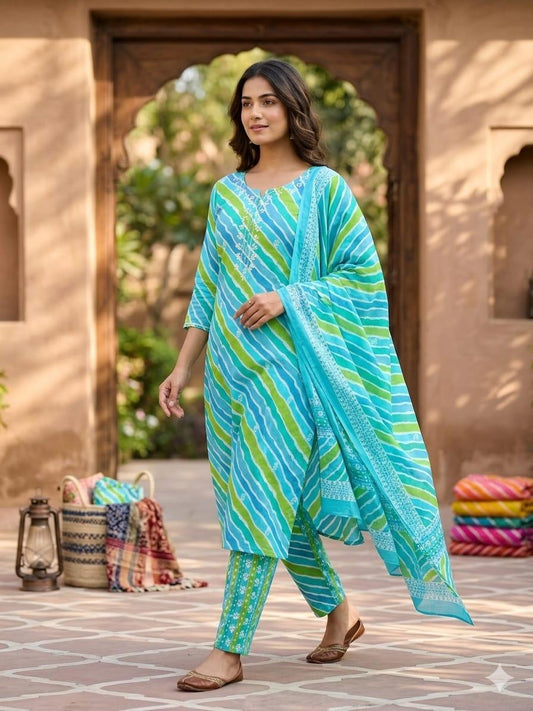 Pure Cotton Blue And Firozi 3pc Set
