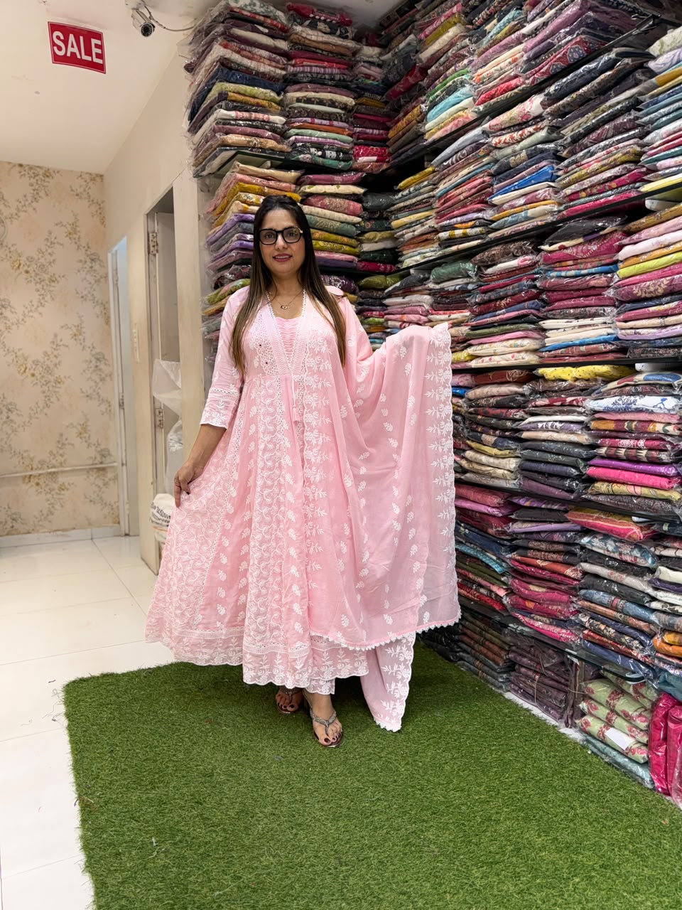 Pure Mull Cotton Pink Shoulder Anarkali 3pc Set