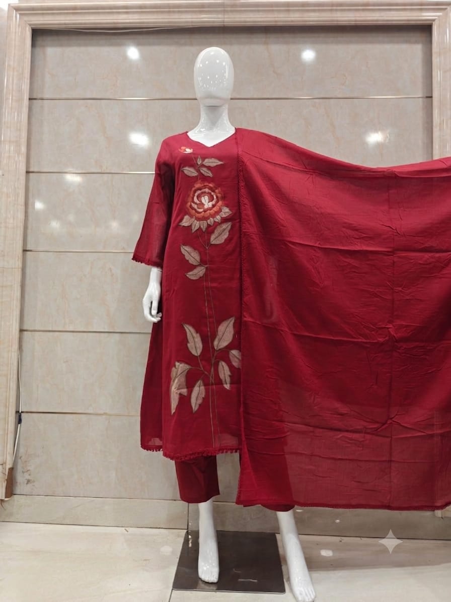 Pure Mull Cotton Maroon 3pc Set