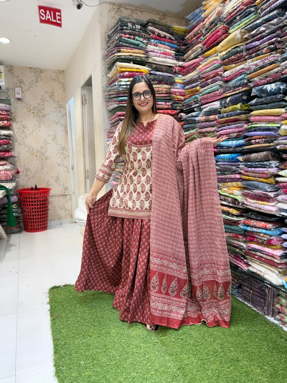 Pure Cotton Beige And Maroon 3pc Set
