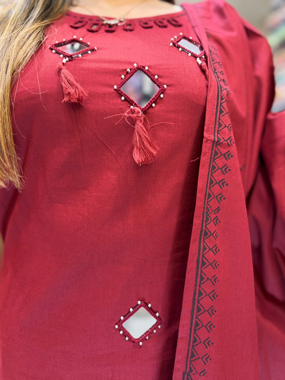 Pure Daabu Cotton Maroon 3pc Set
