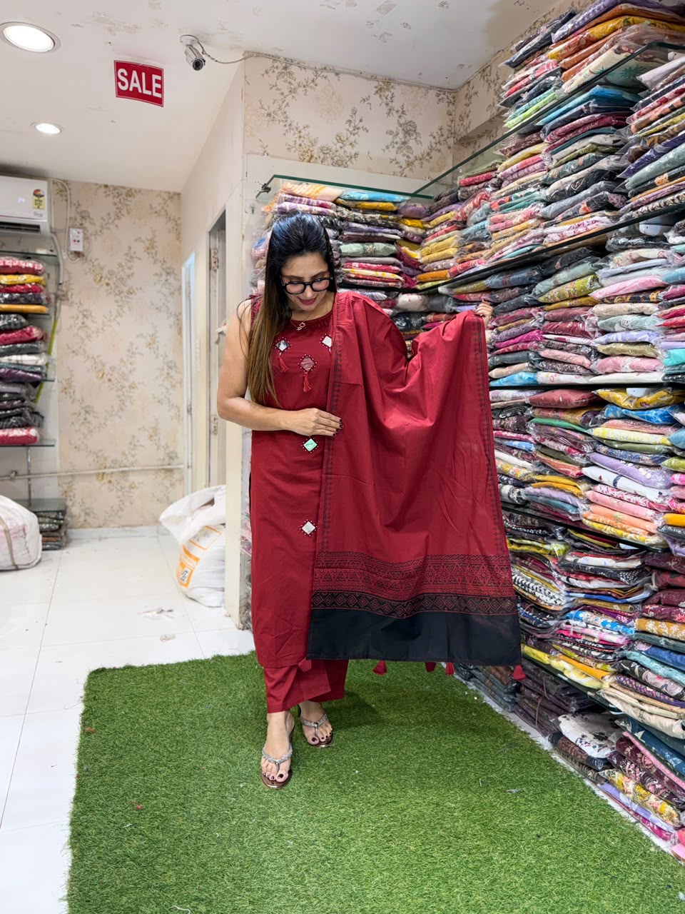 Pure Daabu Cotton Maroon 3pc Set
