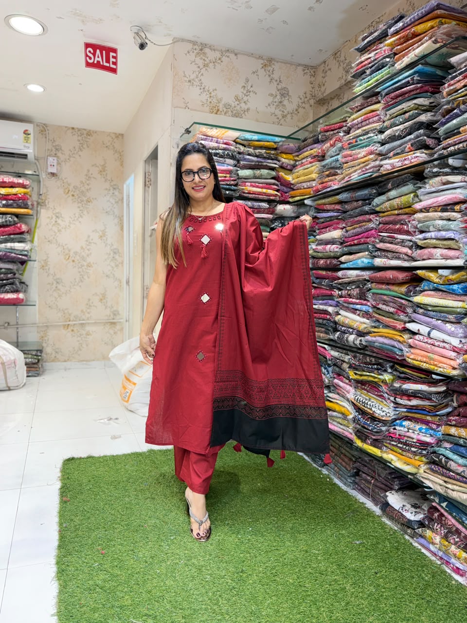 Pure Daabu Cotton Maroon 3pc Set