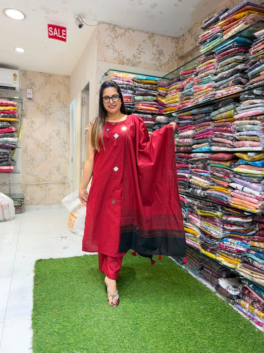 Pure Daabu Cotton Maroon 3pc Set
