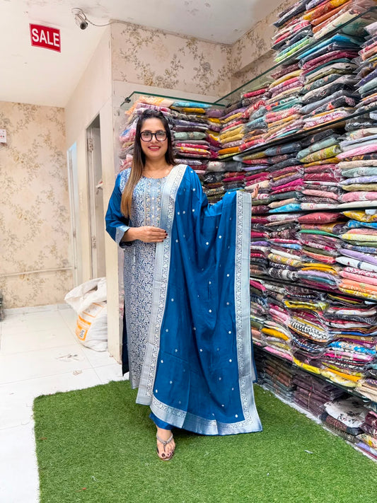 Pure Kanjiwaram Silk Teal Blue 3pc Set