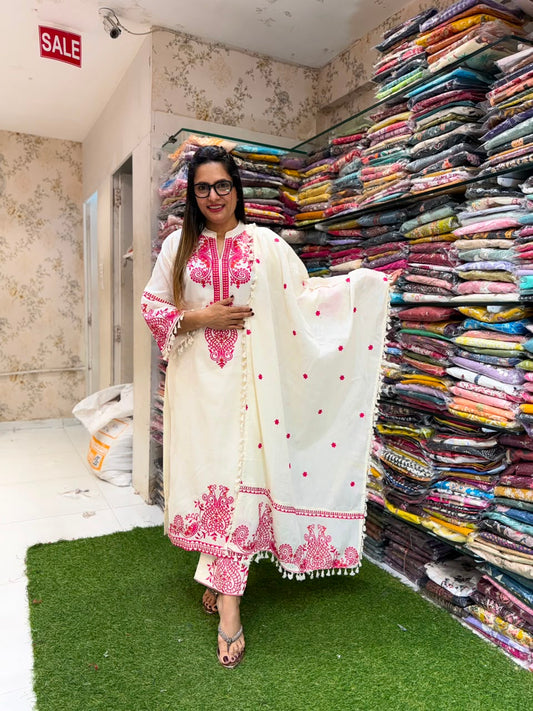 Pure Cora Cotton Off White And Rani Pink 3pc Set