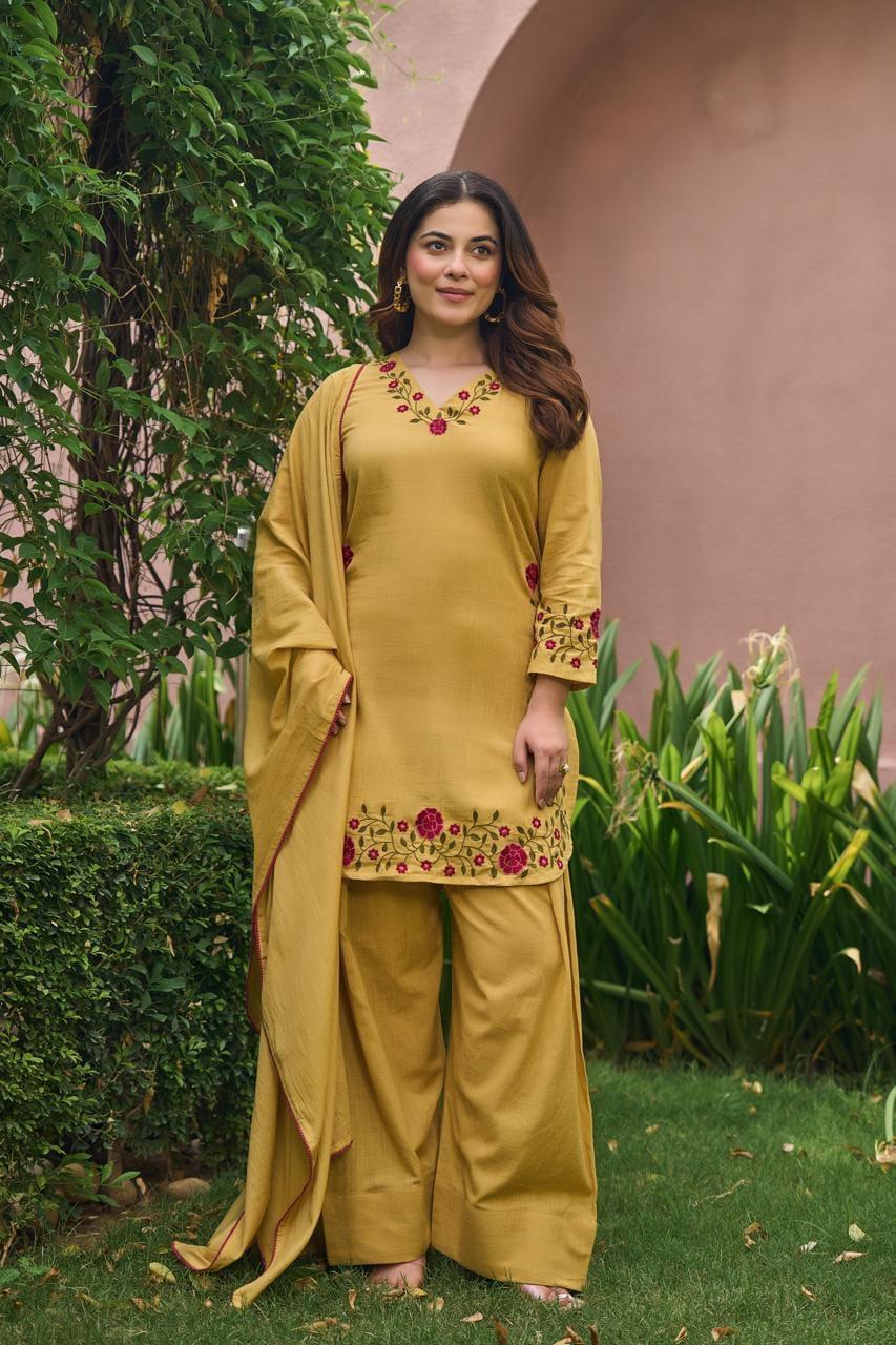 Pure Slub Cotton Farsi Salwar Yellow 3pc Set