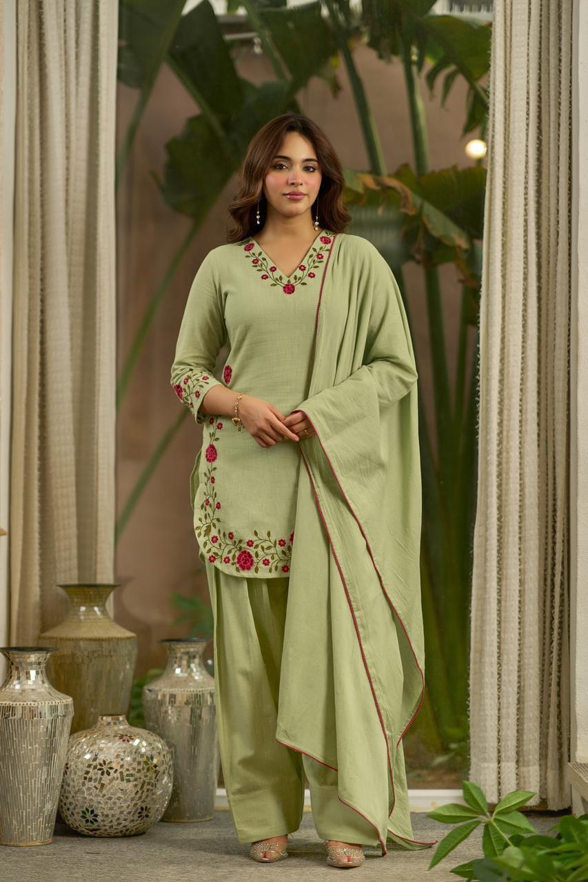 Pure Slub Cotton Farsi Salwar Pista Green 3pc Set