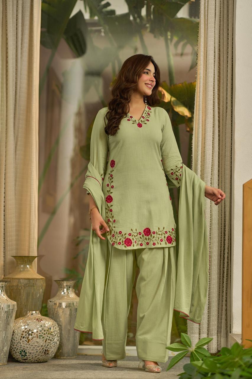 Pure Slub Cotton Farsi Salwar Pista Green 3pc Set