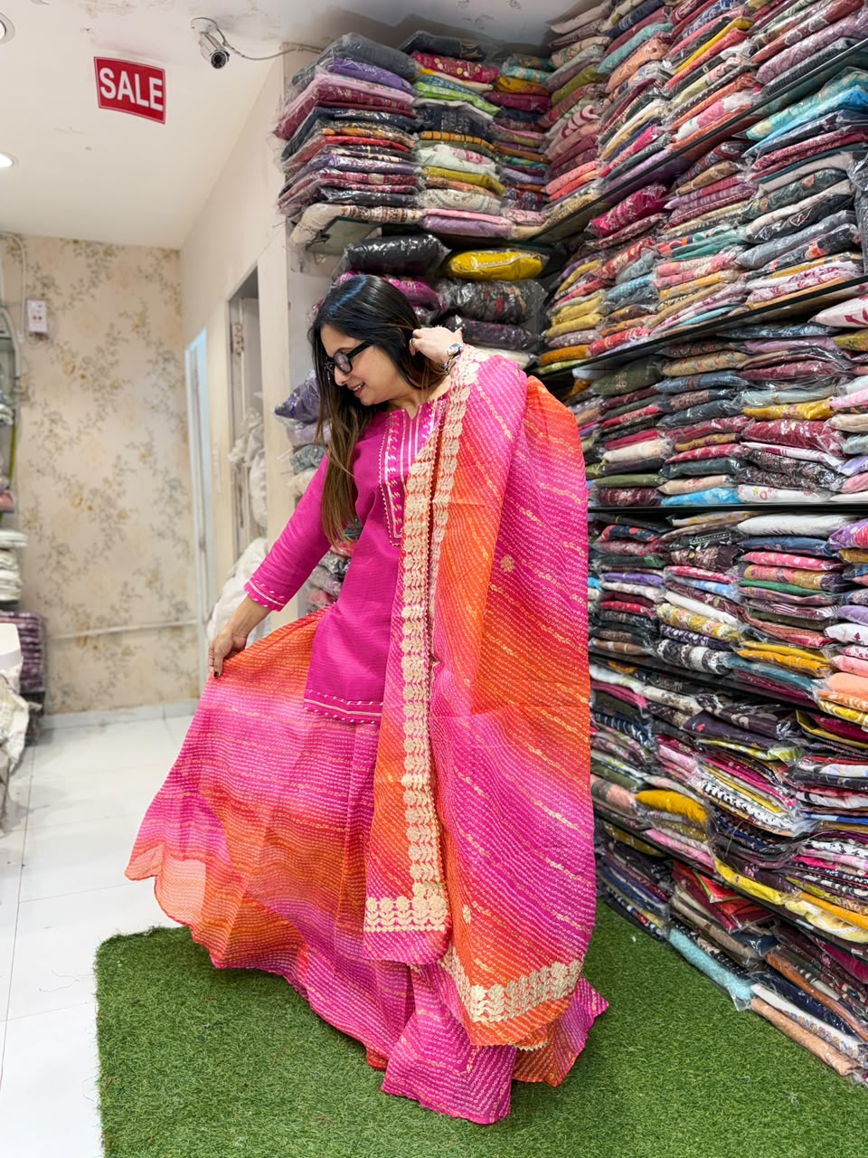Pure Kota Doria Pink And Orange 3pc Set