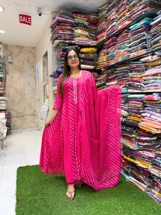 Pure Mull Cotton Rani Pink Shoulder Anarkali 3pc Set
