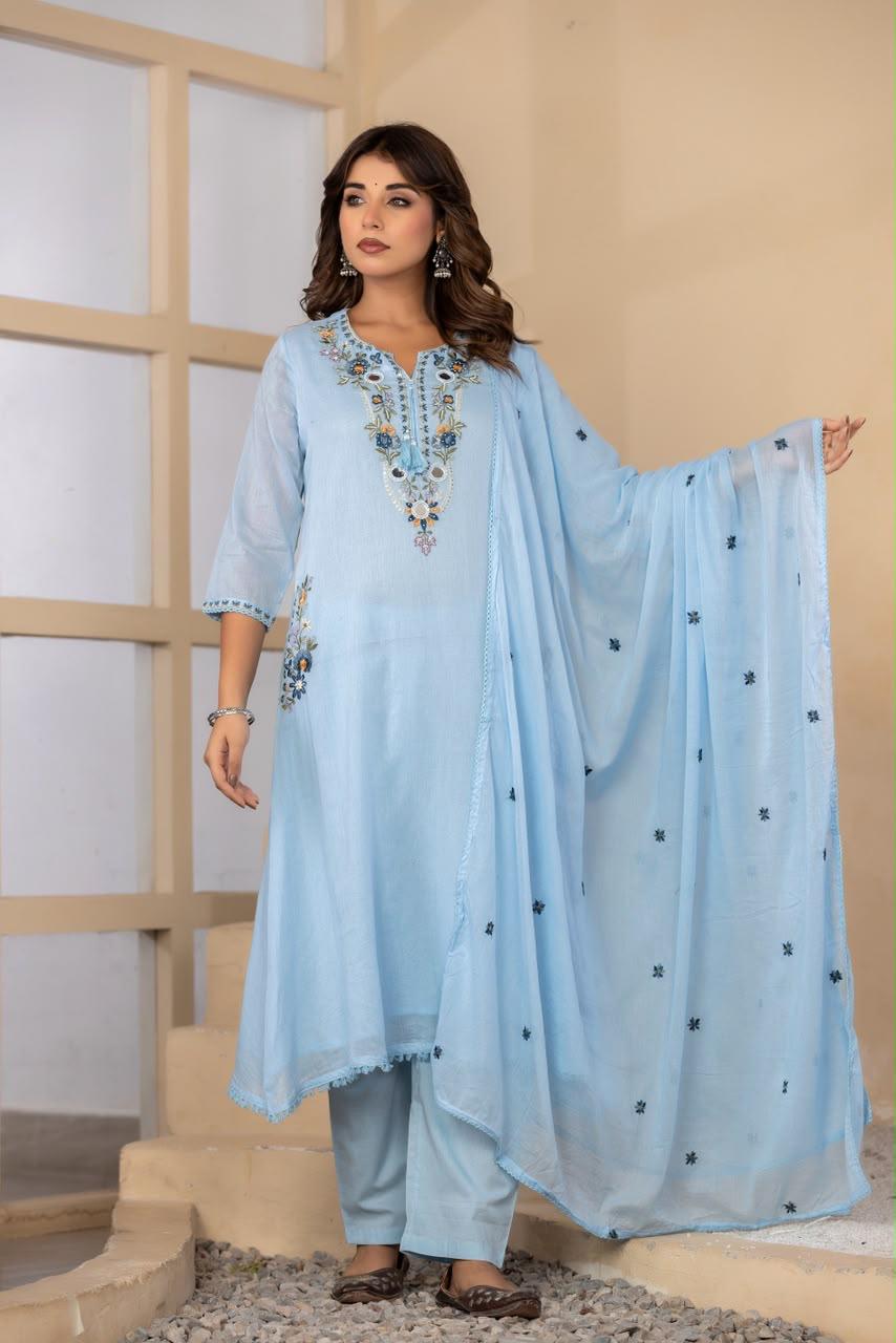 Pure Mull Cotton Sky Blue 3pc Set