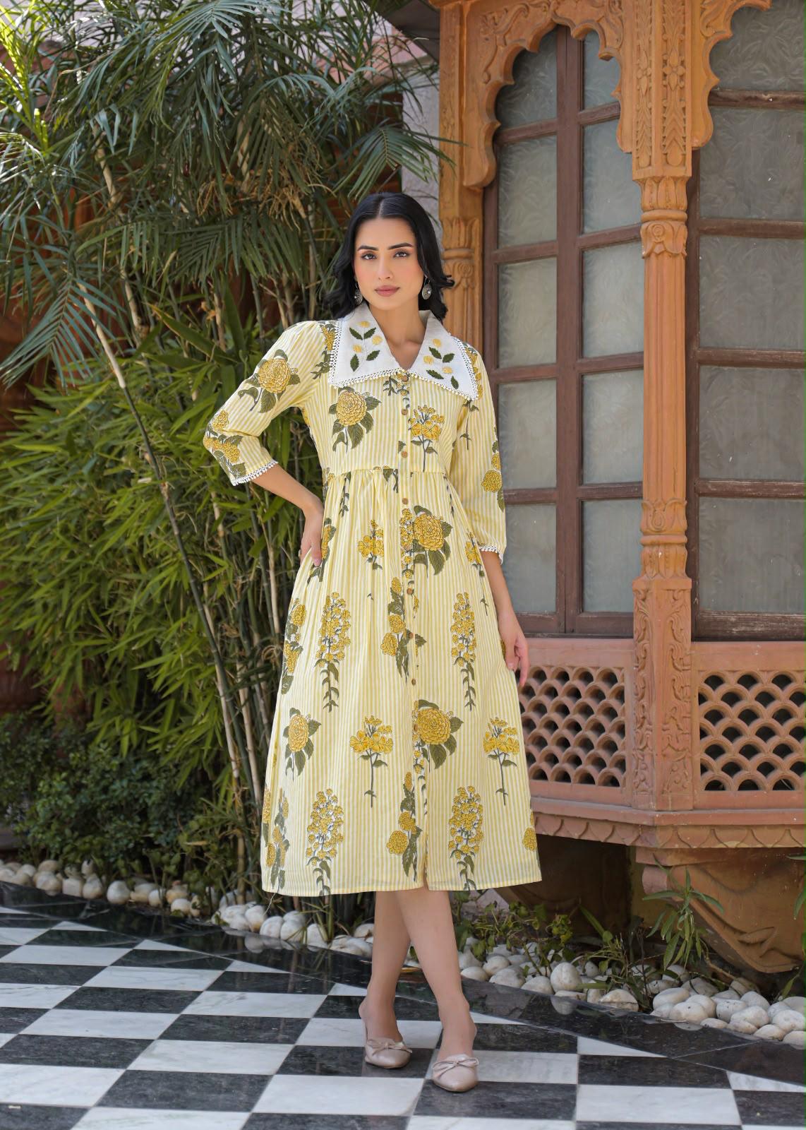 Pure Cotton Off White And Yellow Midi