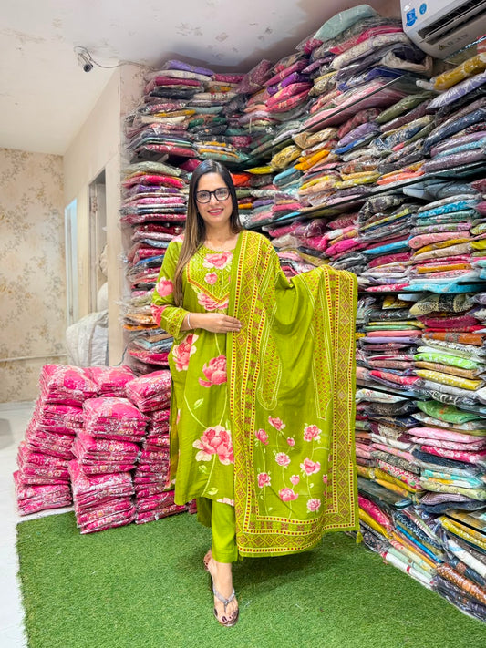 Pure Surat Mull Chanderi Green 3pc Set