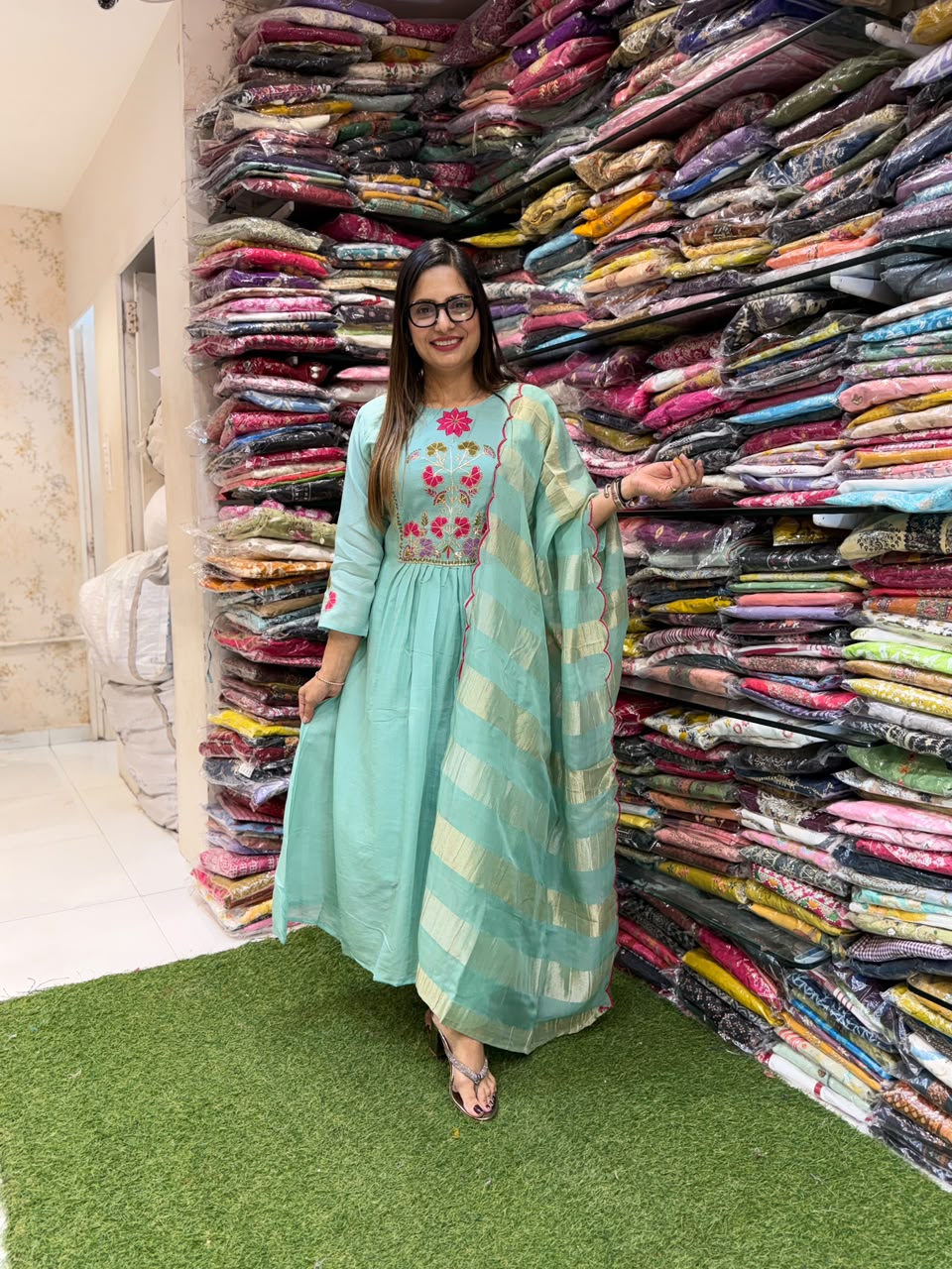 Pure Surat Mull Chanderi Sea Green 3pc Set