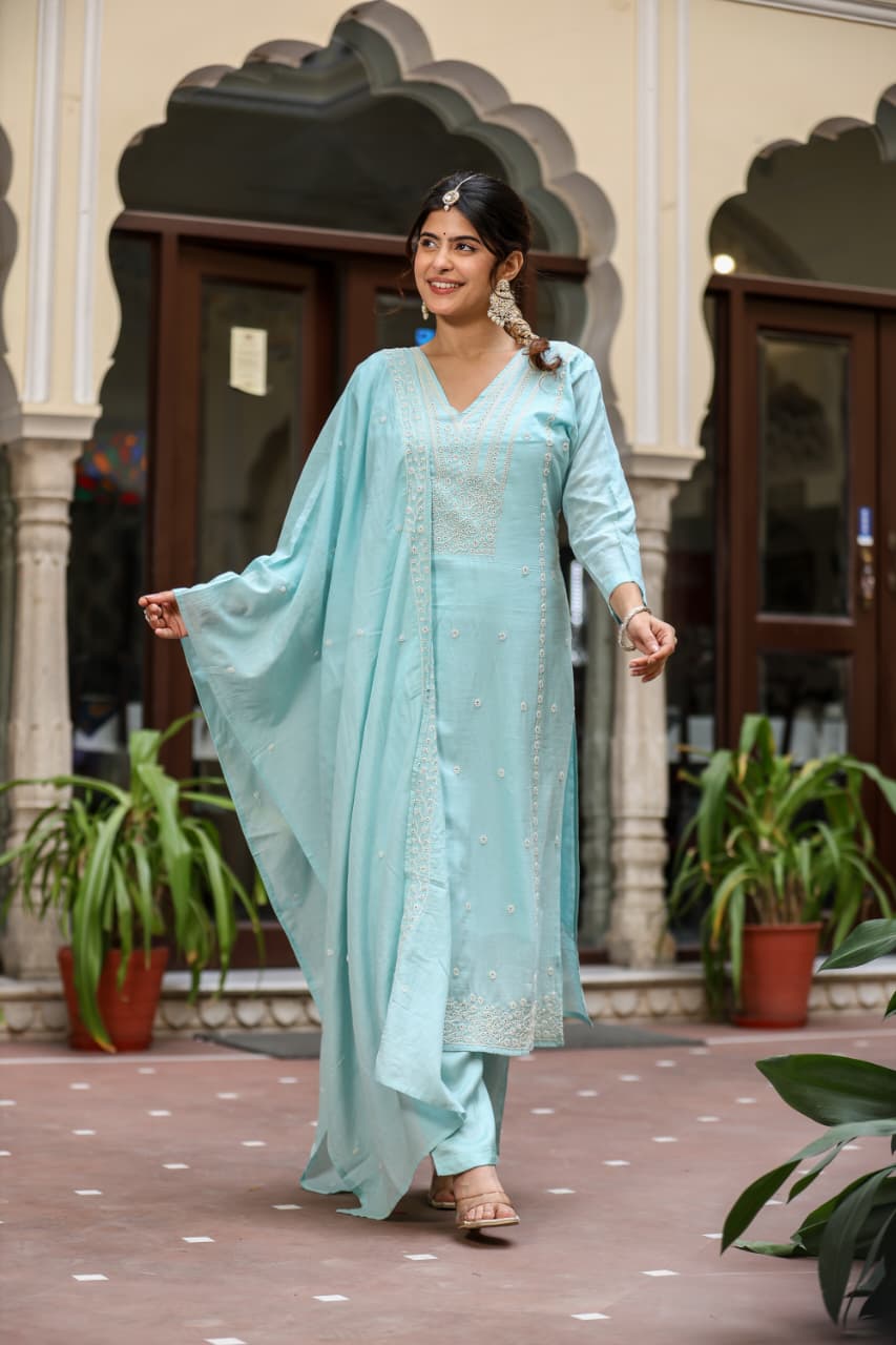 Pure Muslin Sky Blue 3pc Set