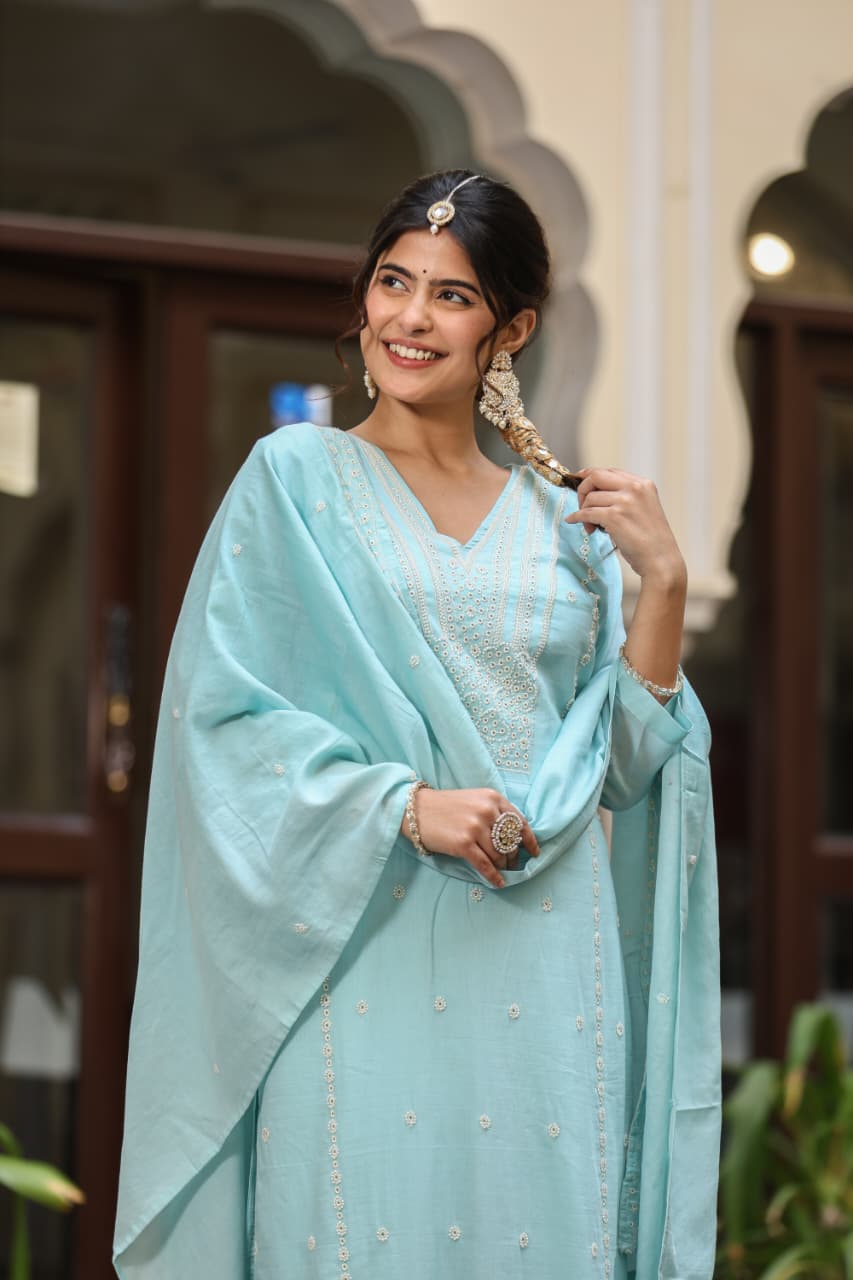 Pure Muslin Sky Blue 3pc Set