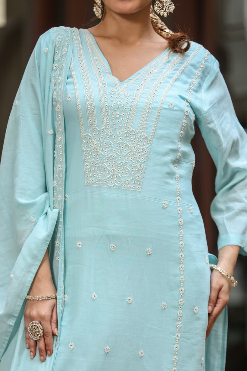 Pure Muslin Sky Blue 3pc Set