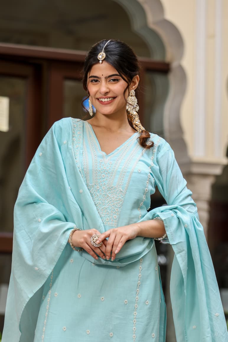 Pure Muslin Sky Blue 3pc Set