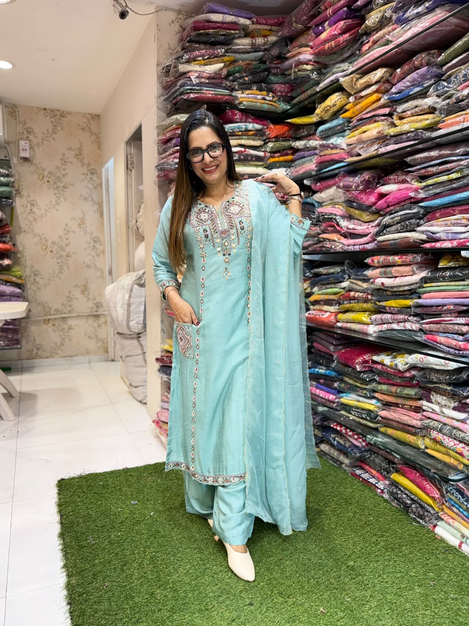 Pure Dola Silk Aqua Green 3pc Set