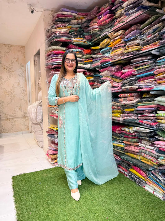 Pure Dola Silk Aqua Green 3pc Set